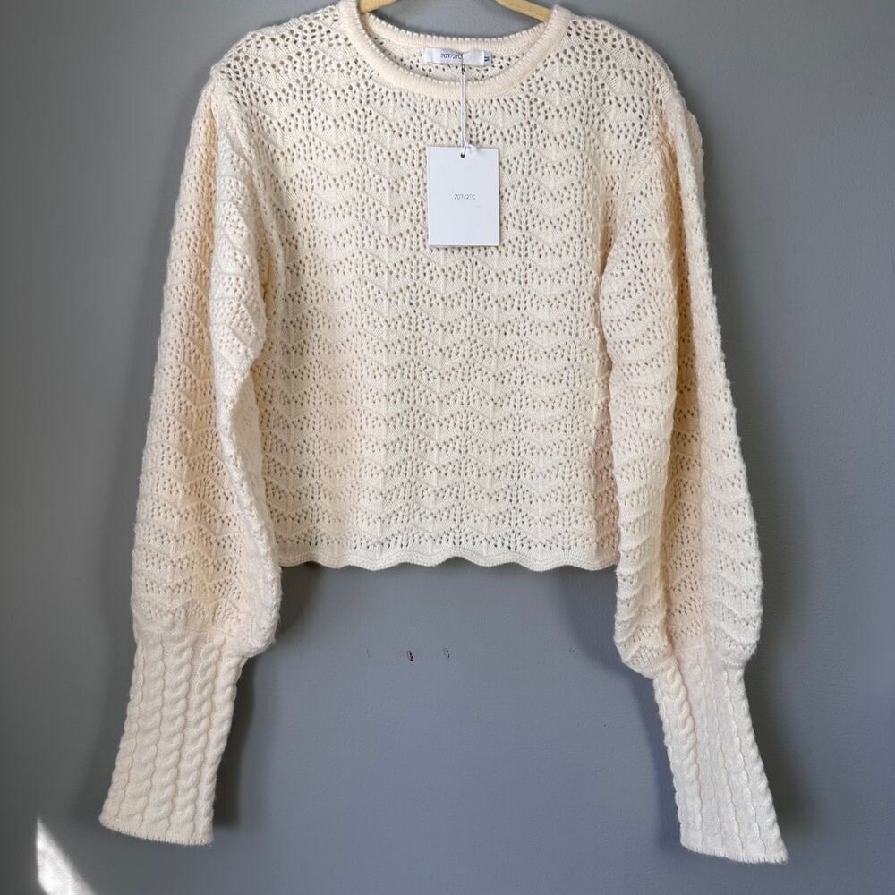 NWT Lantern Sleeve Sweater‎ Women Medium Cream Pointelle Cable Knit Cozy Cottage